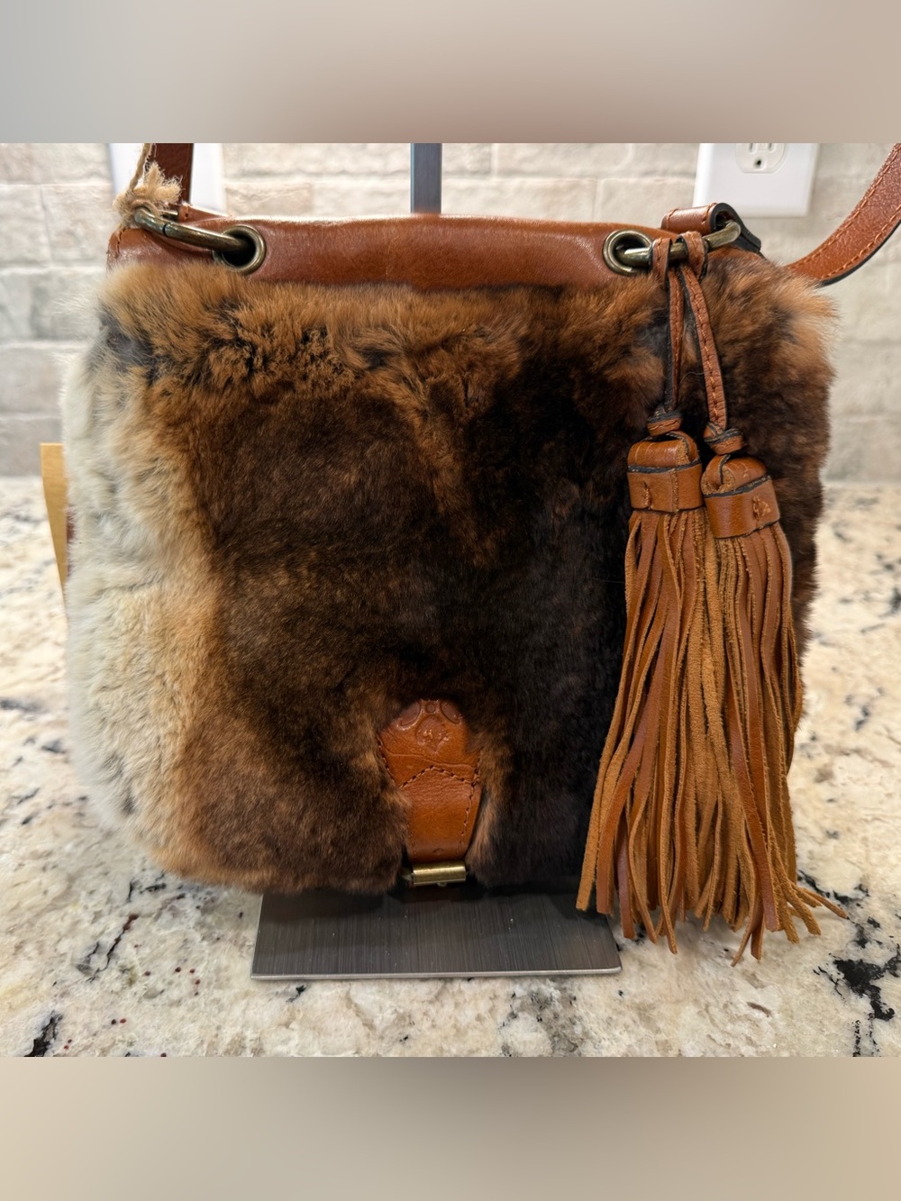 Patricia Nash NWT Rabbit Fur Crossbody w/Tan Leather Tassels